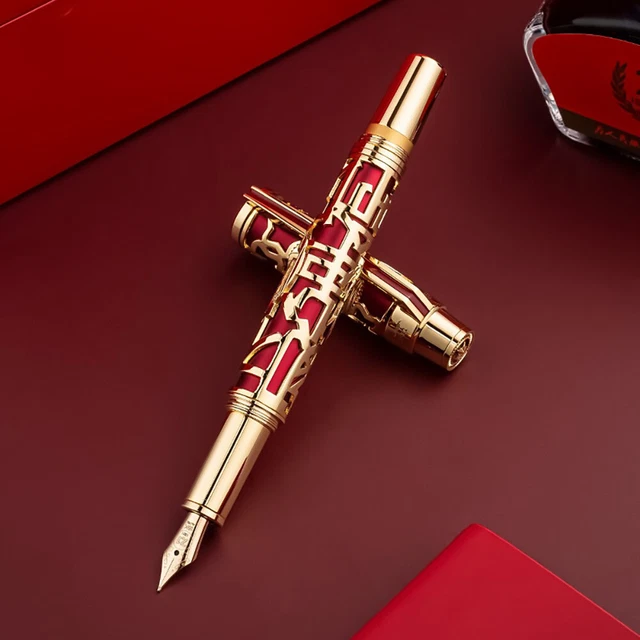 HERO H71 18K Gold Fountain Pen Hollow Carved Fine 0.5mm with Box