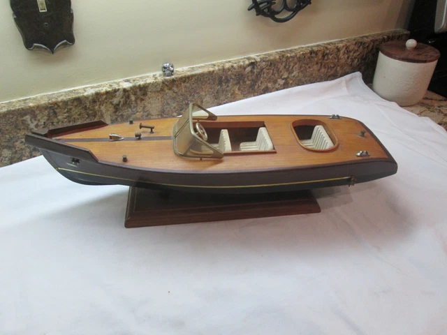 VINTAGE Chris Craft Triple Cockpit Speed Boat Wooden Model 20" ON STAND