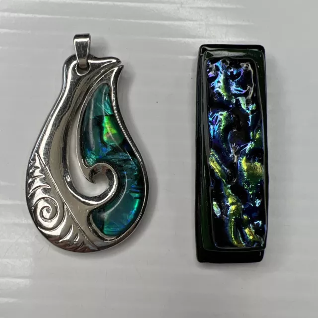 H4 Lot hei matau fish hook Abalone Silver Glass Beach Boho Vintage retro pendant