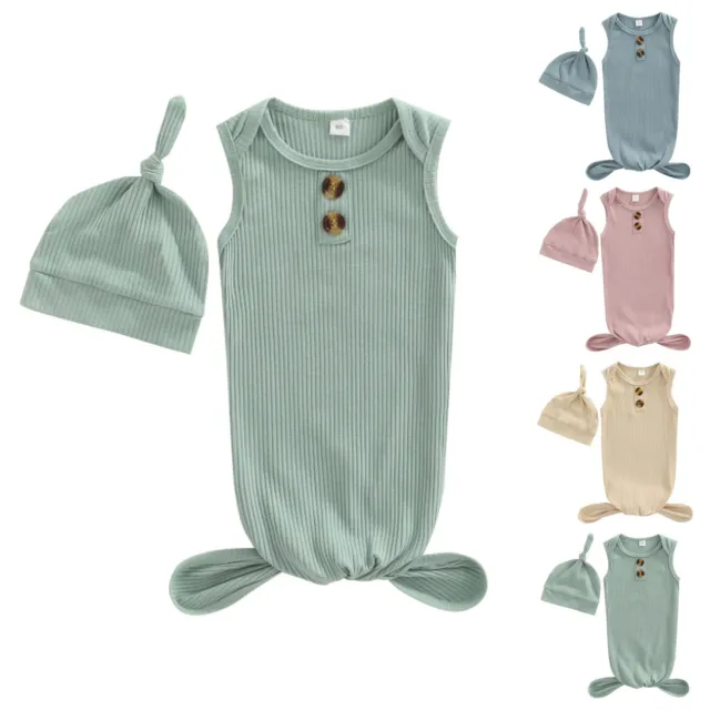 Newborn Baby Boys Girls Sleepwear Hat Set Soft Overall Baby Sleeper 2PCS Set
