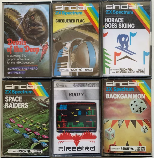 6 Games ZX Spectrum 48K Space Raiders Booty Chequered Flag Backgammon Horace ski
