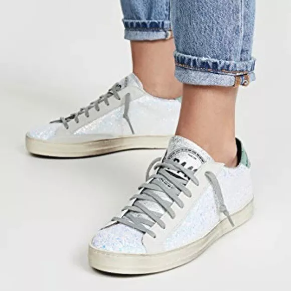 P448 John Glittered Leather Low Top Sneakers In White Glitter Size 39 US 8.5 9