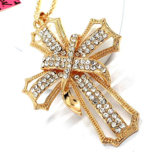 New Fashion Women White Rhinestone Cross Bling Crystal Pendant Chain Necklace