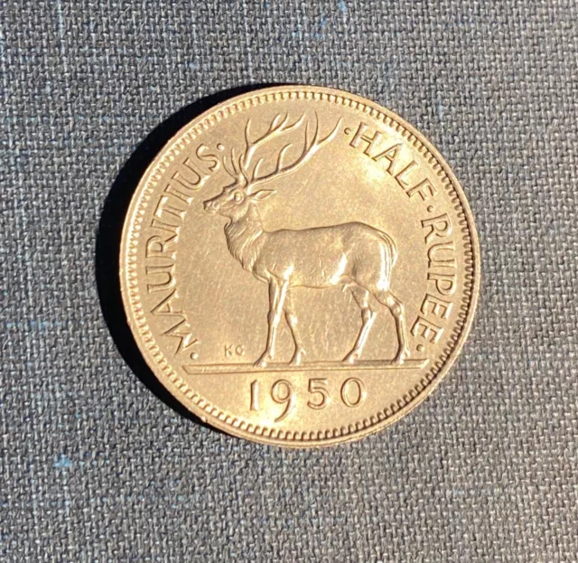 GEM BU - 1950 - Mauritius - 1/2 Rupee  - Attractive Copper Coin!