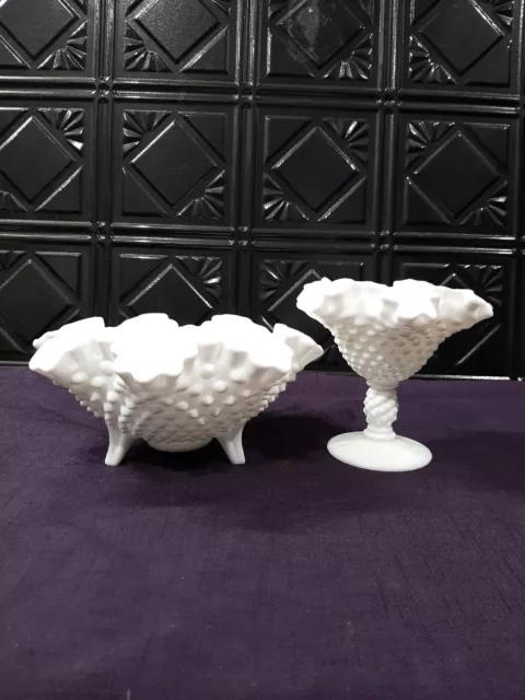 Vintage Fenton Milk Glass Hobnail Footed Bowl & Compote, Double Ruffle Edge