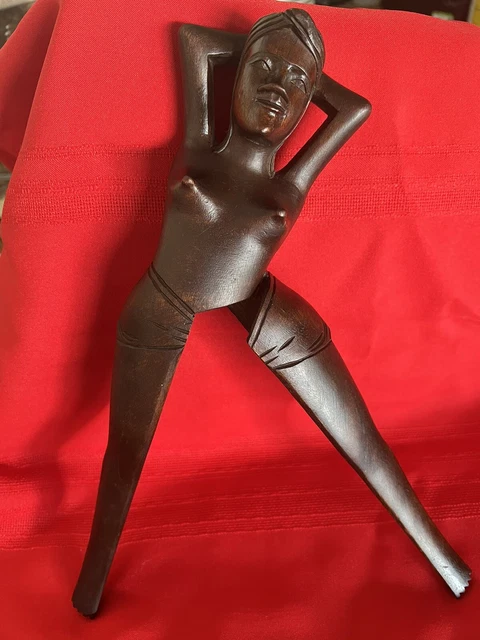 Vintage Wooden Naked Lady Nut Cracker Carved Primitive Tiki Mid Century Folk Art