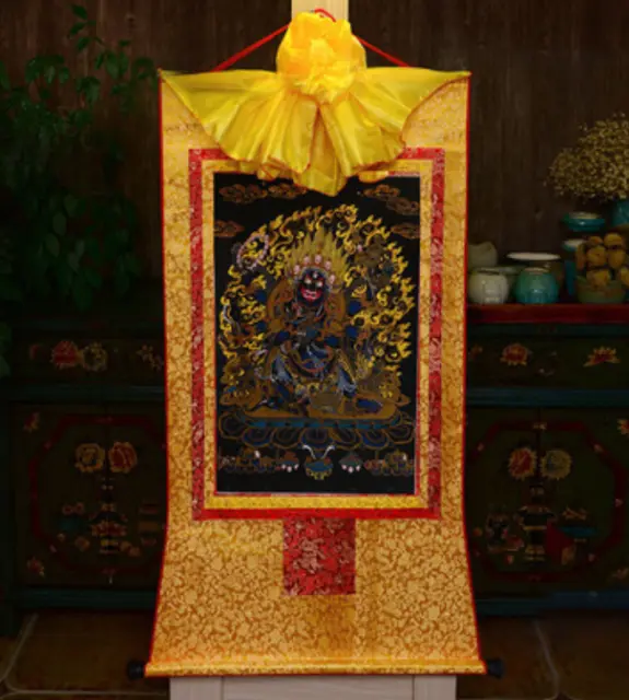Tibet Tibetan Buddha Print Silk Gild Thangka Thanka Mahakala Wrathful Deity马哈噶拉