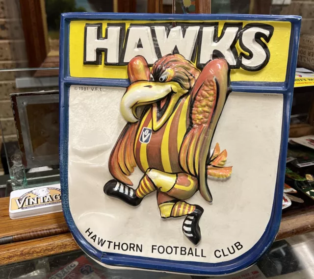 Vintage VFL AFL 1981 Harwthorn Hawks Plastic Sign As Found