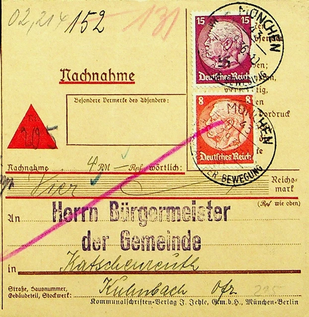 Deutschland 1936 2v Hindenburg Auf Nachnahme Paket Karte Von Muenchen Kilmbach