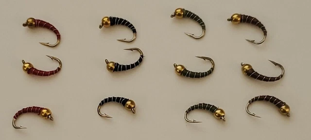 One Dozen Zebra Midge Emerger FLlES RED, BLACK , OLIVE, BROWN Gold Bead W/ Rib