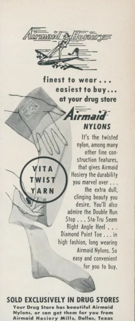 1950 Airmaid Nylons Hosiery Woman Riding Airplane Vita Twist Yarn Print Ad L7