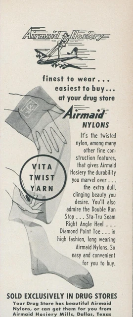 1950 Airmaid Nylons Hosiery Woman Riding Airplane Vita Twist Yarn Print Ad L7