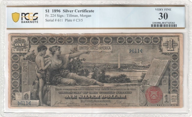 3 Digit Serial #611 Fr. 224 $1 1896 Educational Note Silver Certificate Pcgs 30