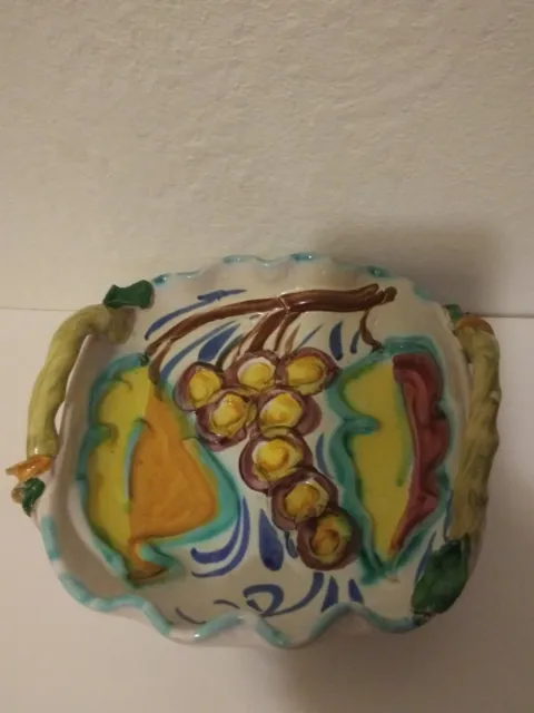 Hand Painted Italy Clay Pottery Candy Dish Bowl Majolica Grapes Leaves Handles *