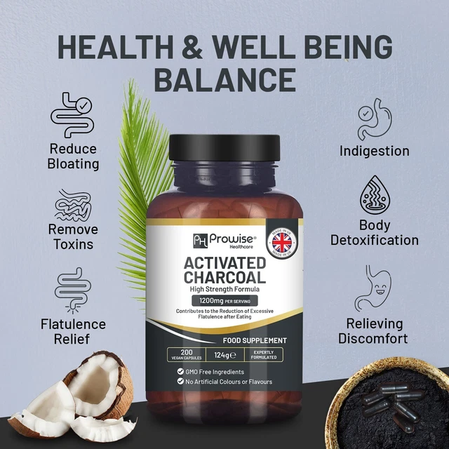 ACTIVATED CHARCOAL CAPSULES 1200mg for Stomach Cleanse Gas Relief