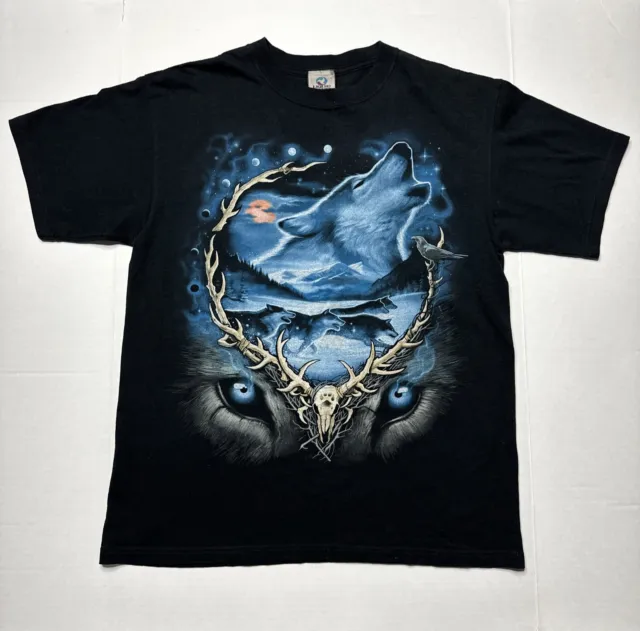 Vintage Liquid Blue Howling Wolf Native American Double Sided T-Shirt Size Large