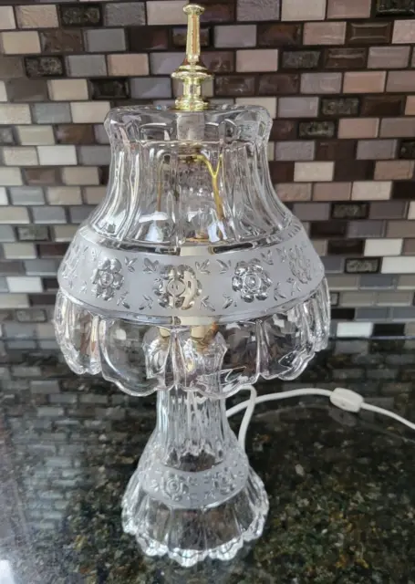 Vintage Clear Cut Crystal Glass Boudoir Parlor Table Lamp Floral Design 12”