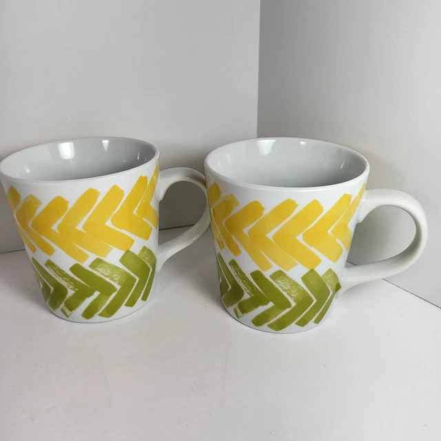 Crate & Barrel  Coffee Mug Cup 16oz  Set of 2 Paint Brush Stroke Green Yellow