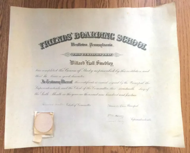 1914 Westtown PA-Friends Boarding School Certificate-Willard Hall Smedley