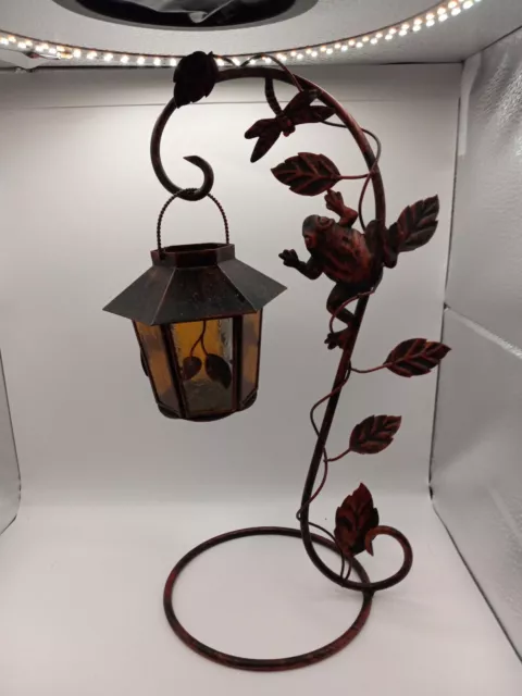 Metal Candle Holder Lantern Tea Light Frog Dragonflies Leaves 14.5" 3