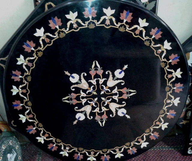36 Inches Black Marble Kitchen Table Pietra Dura Art Dining Table Top for Hotel