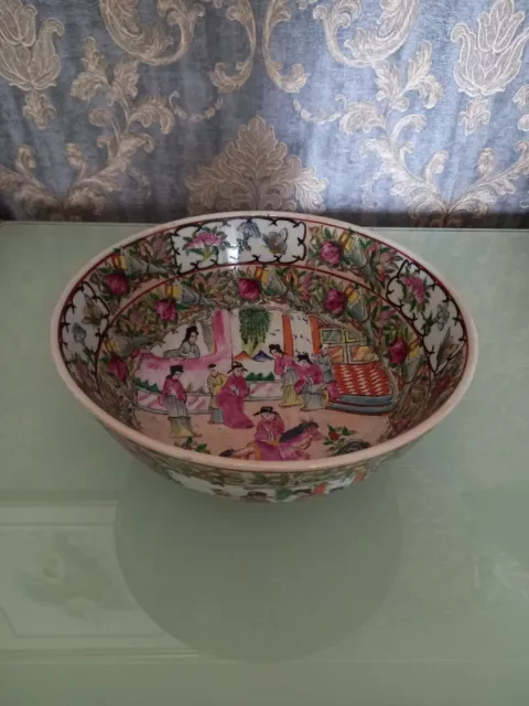 Large Chinese Canton Ware Porcelain Famille Rose Bowl With Small Pedestal Base
