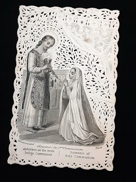 Antique First Communion Lace Paper Card France  3 1/2" X 2 1/2"