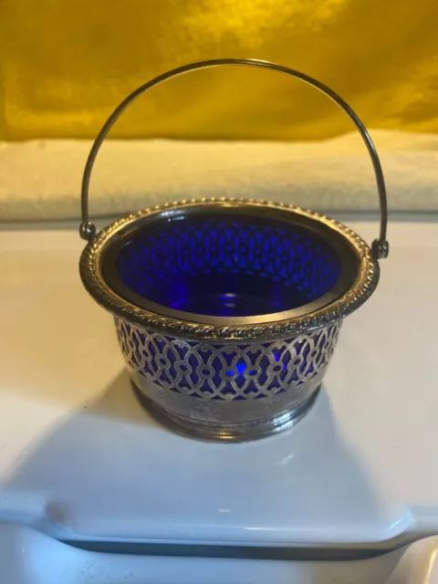 Vintage Sterling Silver Sugar Basket w Cobalt Glass Insert Needs Cleaning FR/SHP