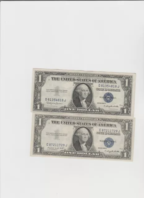 2 Notes 1935 G-H (1 with motto & 1 without motto) One dollar Silver Certificate