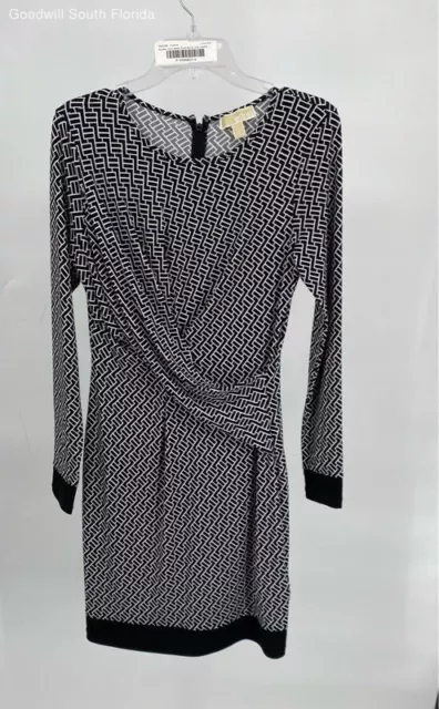 Michael Kors Womens Black White Geometric Long Sleeve Twist Front Shift Dress S