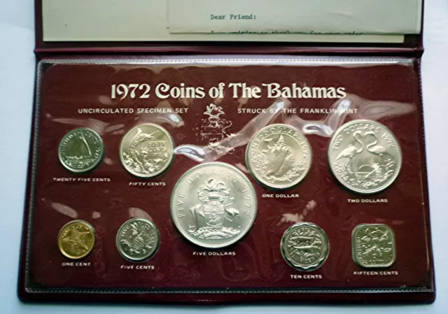 1972 BAHAMAS - OFFICIAL MINT BU SPECIMEN SET (9) w/ 4 SILVER & COA - 3 Oz ASW 3