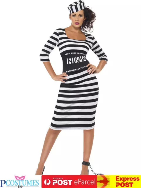 Ladies Classic Convict Jail Prisoner Jailbird Costume Hen Dress Up Outfit