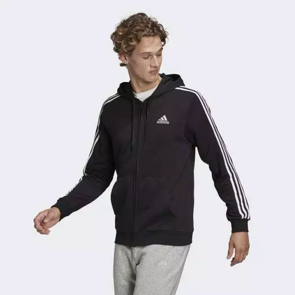 Adidas Mens Black Three Stripe Jacket Zip Up Fleece Hoodie Track Suit Top M New