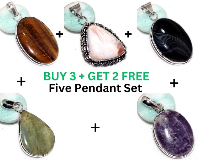 Tiger Eye,Scolecite,Onyx, Aquamarine,Lepidolite 5 Pendant 2|2|2|1.8|1.7" JW