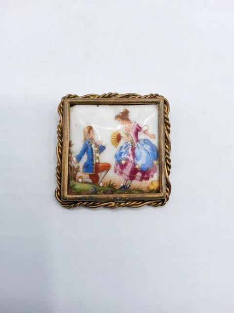 Broche Vintage Limoges Années 60 - Motif Floral Romantique En Porcelaine, Monture Laiton Doré
