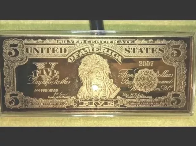 Us $5 Indian Head Gold Colour Silver Series 100% Certificate Note Size 3