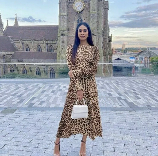 ZARA LEOPARD ANIMAL Print Midi Long Dress Puff Shoulders Size L Bnwt  Bloggers 35.99 - PicClick UK