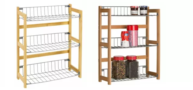 3 Tier Bamboo Wood Metal Shelf Kitchen Spice Organizer & Storage Rack