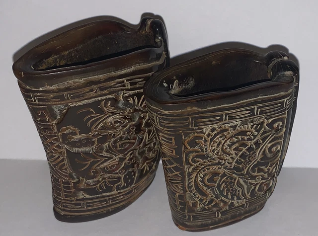 Pair Of Chinese Hand Carved Buffalo/Ox Horn Libation Cup