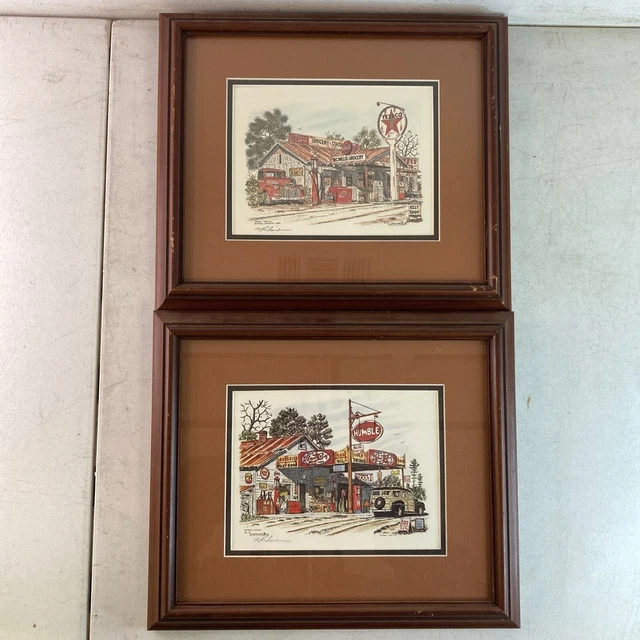 AL RICHARDSON 2 Vintage Gas Station Drawings 8" With Signature at 1984