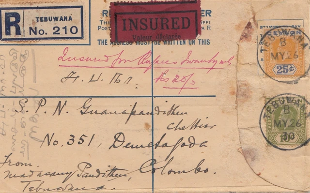 Ceylon: 1930: Registered Tebuwana INSURED to Colombo