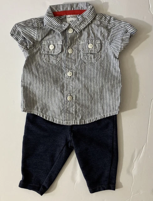 Carters Infant Boy Button Short Sleeve Shirt & Stretch Pants Set Blues Size NB 3