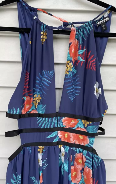 Express long maxi dress cut out sides open back sz M black floral MA3