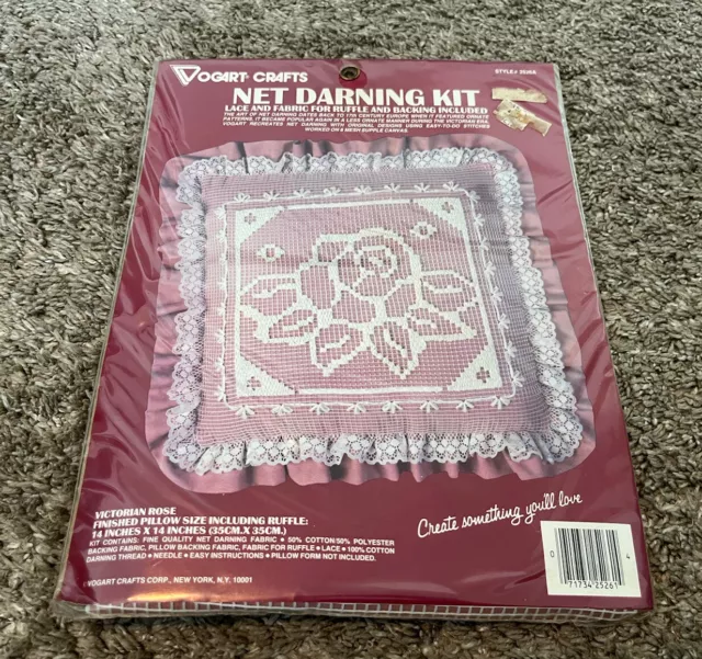 Victorian Rose Lace Net Darning 14in Ruffle Pillow Kit Sealed Vogart Crafts 2526