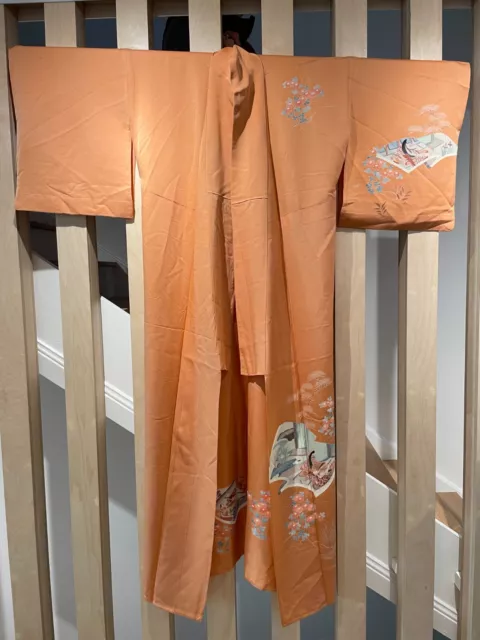 Vintage Kimono Japanese | Orange Homonchi | 100% Silk | Books, landscape pattern