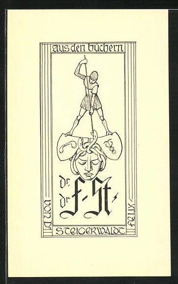 Exlibris Dr. Dr. F. St. Felix von Steigerwaldt, Lanzenträger attackiert Kopf de