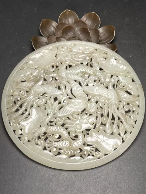 Chinese Exquisite Handmade dragon phoenix Carving Hetian Jade Statue Pendant