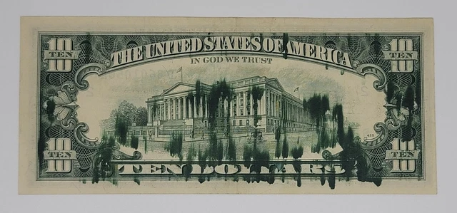 1977 $10 FRN MAJOR Ink Smears on Back Error - UNCIRCULATED