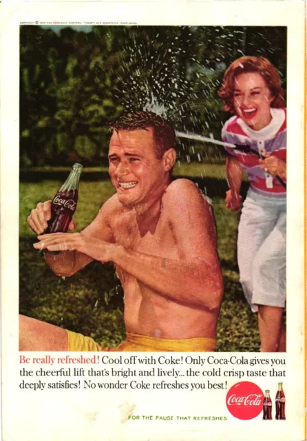1960 Coca Cola Classic Print Ad Spraying Husband Water Hose Coke Vintage