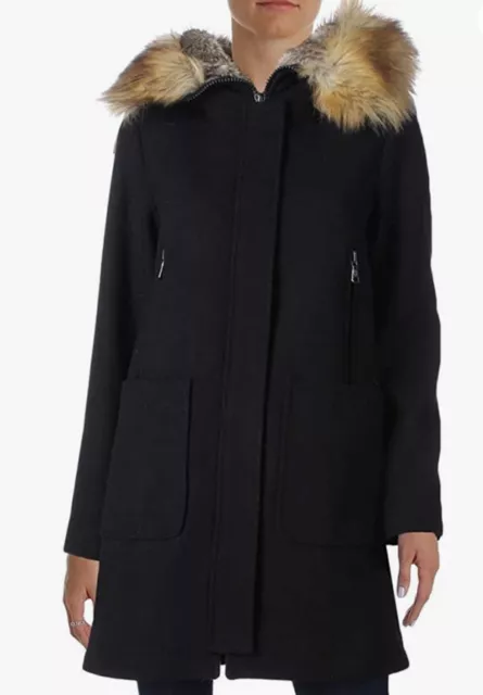 NWT  Vince Camuto Womens Faux Fur Trim Wool Black Size L